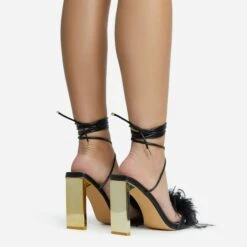 EGO Flamingo Lace Up Faux Feather Detail Square Toe Metallic Thin Block Heel In Black Faux Leather -EGO Sales 28 10 22 fw25878 sq