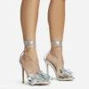 EGO Blooming Lace Up Flower Detail Platform Stiletto Heel In Silver Faux Leather