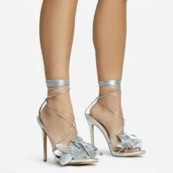 EGO Blooming Lace Up Flower Detail Platform Stiletto Heel In Silver Faux Leather