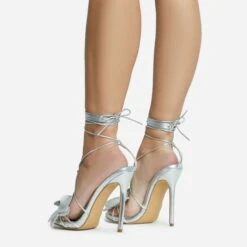 EGO Blooming Lace Up Flower Detail Platform Stiletto Heel In Silver Faux Leather -EGO Sales 28 10 22 fw25883 sq