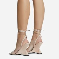 EGO Crashing Lace Up Square Toe Cut Out Wedge Heel In Nude Patent -EGO Sales 28 10 22 fw25898 sq