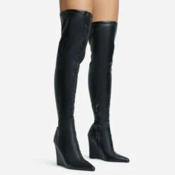 EGO Fired-Up Pointed Toe Wedge Heel Over The Knee Thigh High Sock Boot In Black Faux Leather