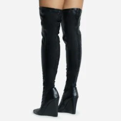 EGO Fired-Up Pointed Toe Wedge Heel Over The Knee Thigh High Sock Boot In Black Faux Leather -EGO Sales 28 10 22 fw25918 sq 1