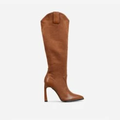 EGO Run-Wild Pointed Toe Stiletto Heel Knee High Long Western Cowboy Boot In Tan Brown Faux Suede And Faux Leather -EGO Sales 28 10 22 fw25946 sq