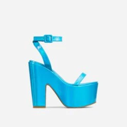 EGO Lina Ankle Strap Platform Wedge Heel In Blue Metallic Faux Leather -EGO Sales 28 10 22 fw25949 sq