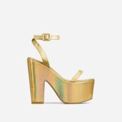 EGO Lina Ankle Strap Platform Wedge Heel In Gold Metallic Faux Leather -EGO Sales 28 10 22 fw25950 sq