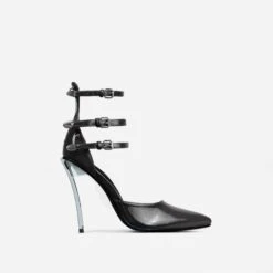 EGO Military Triple Strap Detail Pointed Toe Metallic Heel In Black Patent -EGO Sales 28 10 22 fw25964 sq