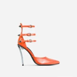 EGO Military Triple Strap Detail Pointed Toe Metallic Heel In Orange Patent -EGO Sales 28 10 22 fw25967 sq