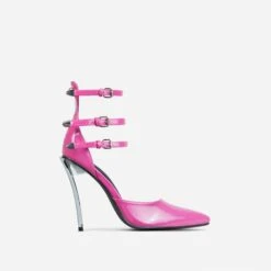 EGO Military Triple Strap Detail Pointed Toe Metallic Heel In Pink Patent -EGO Sales 28 10 22 fw25968 sq