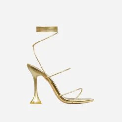 EGO Love-To-Hate Lace Up Strappy Square Toe Statement Heel In Gold Faux Leather -EGO Sales 28 10 22 fw25972 sq