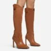 EGO Run-Wild Pointed Toe Stiletto Heel Knee High Long Western Cowboy Boot In Tan Brown Faux Suede And Faux Leather -EGO Sales 28 10 22 fw27994 sq