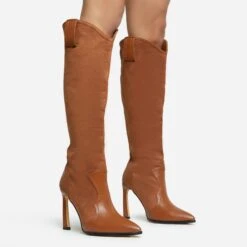 EGO Run-Wild Pointed Toe Stiletto Heel Knee High Long Western Cowboy Boot In Tan Brown Faux Suede And Faux Leather