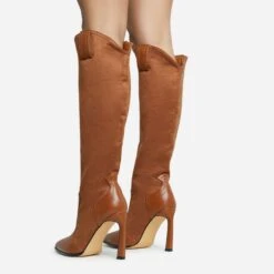 EGO Run-Wild Pointed Toe Stiletto Heel Knee High Long Western Cowboy Boot In Tan Brown Faux Suede And Faux Leather -EGO Sales 28 10 22 fw27997 sq