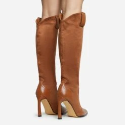 EGO Run-Wild Pointed Toe Stiletto Heel Knee High Long Western Cowboy Boot In Tan Brown Faux Suede And Faux Leather -EGO Sales 28 10 22 fw27998 sq