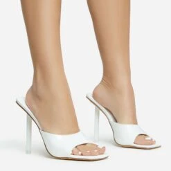 EGO Ditzy Square Peep Toe Stiletto Heel Mule In White Patent