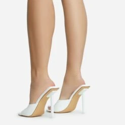 EGO Ditzy Square Peep Toe Stiletto Heel Mule In White Patent -EGO Sales 28 10 22 fw28027 sb