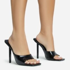 EGO Ditzy Square Peep Toe Stiletto Heel Mule In Black Patent