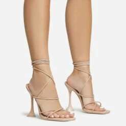EGO Love-To-Hate Lace Up Strappy Square Toe Statement Heel In Nude Faux Leather