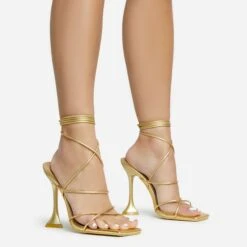 EGO Love-To-Hate Lace Up Strappy Square Toe Statement Heel In Gold Faux Leather