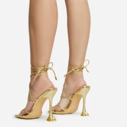 EGO Love-To-Hate Lace Up Strappy Square Toe Statement Heel In Gold Faux Leather -EGO Sales 28 10 22 fw28073 sq