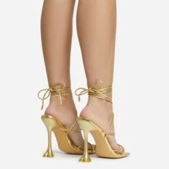EGO Love-To-Hate Lace Up Strappy Square Toe Statement Heel In Gold Faux Leather -EGO Sales 28 10 22 fw28074 sq