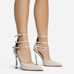 EGO Military Triple Strap Detail Pointed Toe Metallic Heel In Nude Patent