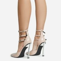 EGO Military Triple Strap Detail Pointed Toe Metallic Heel In Nude Patent -EGO Sales 28 10 22 fw28095 sq