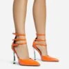 EGO Military Triple Strap Detail Pointed Toe Metallic Heel In Orange Patent -EGO Sales 28 10 22 fw28098 sq