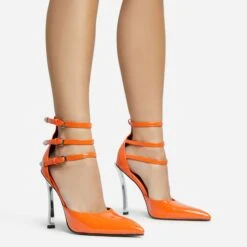 EGO Military Triple Strap Detail Pointed Toe Metallic Heel In Orange Patent