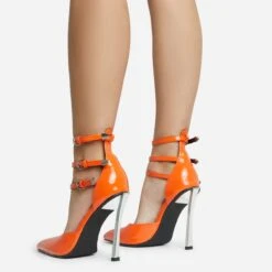 EGO Military Triple Strap Detail Pointed Toe Metallic Heel In Orange Patent -EGO Sales 28 10 22 fw28100 sq