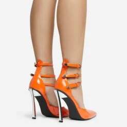 EGO Military Triple Strap Detail Pointed Toe Metallic Heel In Orange Patent -EGO Sales 28 10 22 fw28101 sq