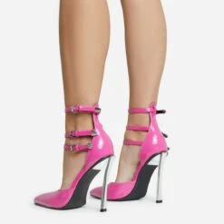 EGO Military Triple Strap Detail Pointed Toe Metallic Heel In Pink Patent -EGO Sales 28 10 22 fw28105 sq