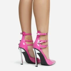 EGO Military Triple Strap Detail Pointed Toe Metallic Heel In Pink Patent -EGO Sales 28 10 22 fw28106 sq