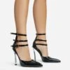 EGO Military Triple Strap Detail Pointed Toe Metallic Heel In Black Patent -EGO Sales 28 10 22 fw28108 sq
