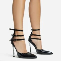 EGO Military Triple Strap Detail Pointed Toe Metallic Heel In Black Patent