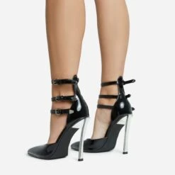 EGO Military Triple Strap Detail Pointed Toe Metallic Heel In Black Patent -EGO Sales 28 10 22 fw28110 sq
