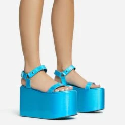 EGO Jester Velcro Strap Detail Extreme Platform Wedge Heel In Blue Metallic Faux Leather -EGO Sales 28 10 22 fw28113 s