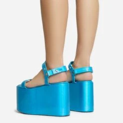 EGO Jester Velcro Strap Detail Extreme Platform Wedge Heel In Blue Metallic Faux Leather -EGO Sales 28 10 22 fw28115 sb