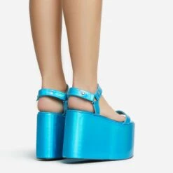 EGO Jester Velcro Strap Detail Extreme Platform Wedge Heel In Blue Metallic Faux Leather -EGO Sales 28 10 22 fw28116 sb2