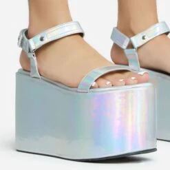 EGO Jester Velcro Strap Detail Extreme Platform Wedge Heel In Silver Metallic Faux Leather -EGO Sales 28 10 22 fw28119 sq