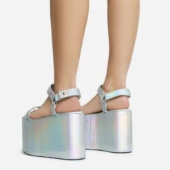 EGO Jester Velcro Strap Detail Extreme Platform Wedge Heel In Silver Metallic Faux Leather -EGO Sales 28 10 22 fw28120 sb