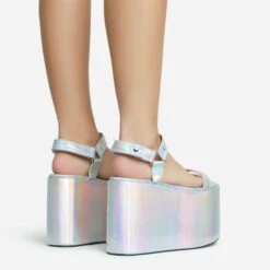 EGO Jester Velcro Strap Detail Extreme Platform Wedge Heel In Silver Metallic Faux Leather -EGO Sales 28 10 22 fw28121 sb2