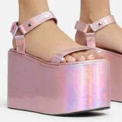 EGO Jester Velcro Strap Detail Extreme Platform Wedge Heel In Pink Metallic Faux Leather -EGO Sales 28 10 22 fw28124 sq