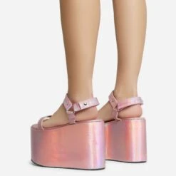 EGO Jester Velcro Strap Detail Extreme Platform Wedge Heel In Pink Metallic Faux Leather -EGO Sales 28 10 22 fw28125 sb