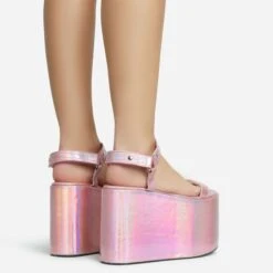 EGO Jester Velcro Strap Detail Extreme Platform Wedge Heel In Pink Metallic Faux Leather -EGO Sales 28 10 22 fw28126 sb2