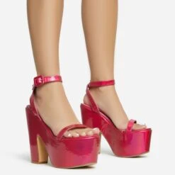 EGO Lina Ankle Strap Platform Wedge Heel In Pink Metallic Faux Leather