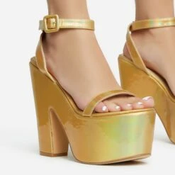 EGO Lina Ankle Strap Platform Wedge Heel In Gold Metallic Faux Leather -EGO Sales 28 10 22 fw28140 sq