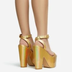 EGO Lina Ankle Strap Platform Wedge Heel In Gold Metallic Faux Leather -EGO Sales 28 10 22 fw28142 sb