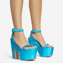 EGO Lina Ankle Strap Platform Wedge Heel In Blue Metallic Faux Leather