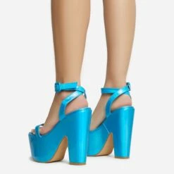 EGO Lina Ankle Strap Platform Wedge Heel In Blue Metallic Faux Leather -EGO Sales 28 10 22 fw28146 sb2